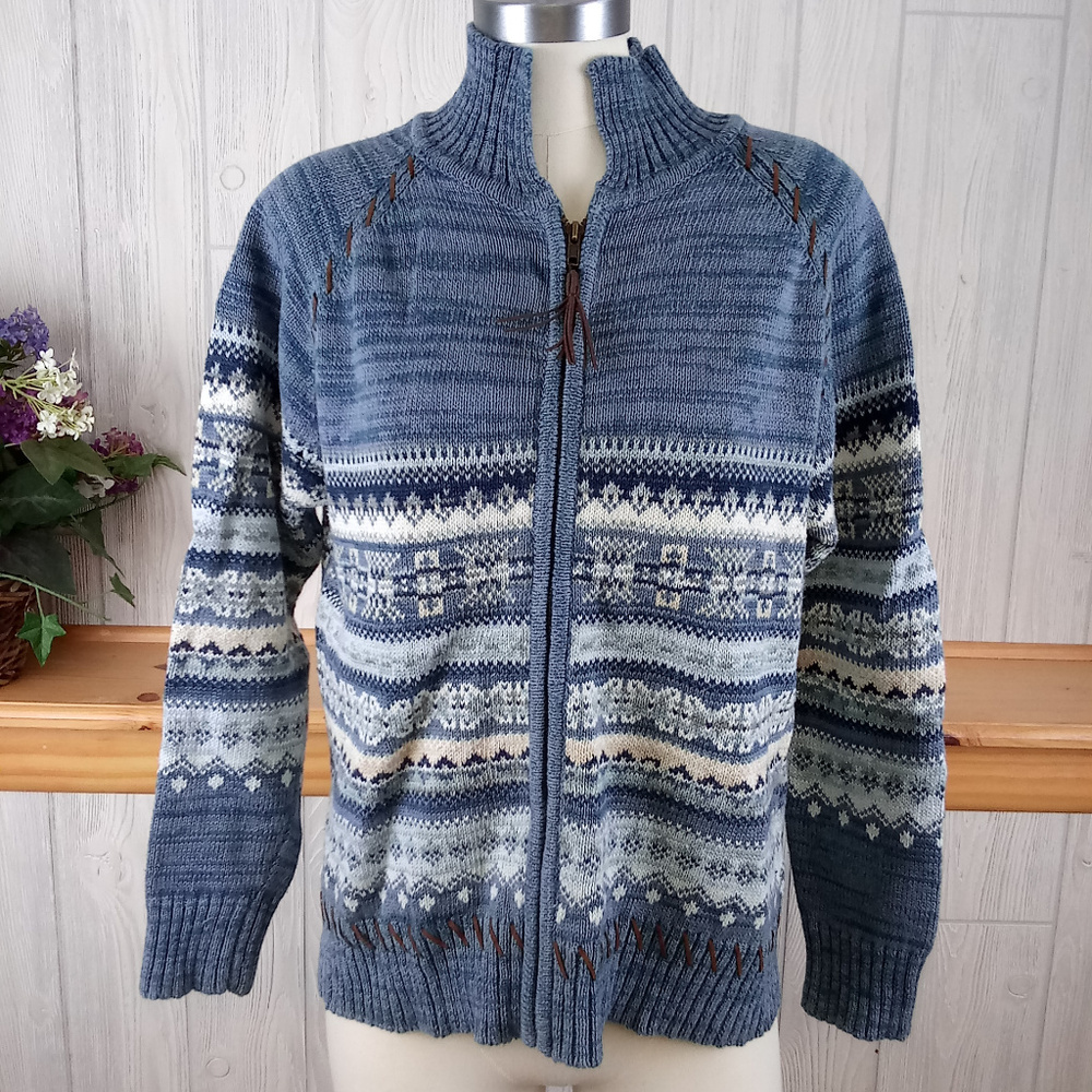🎄 Heirloom Collectibles Fair Isle Nordic Full-Zip Cardigan Leather Trim XL 🎄
